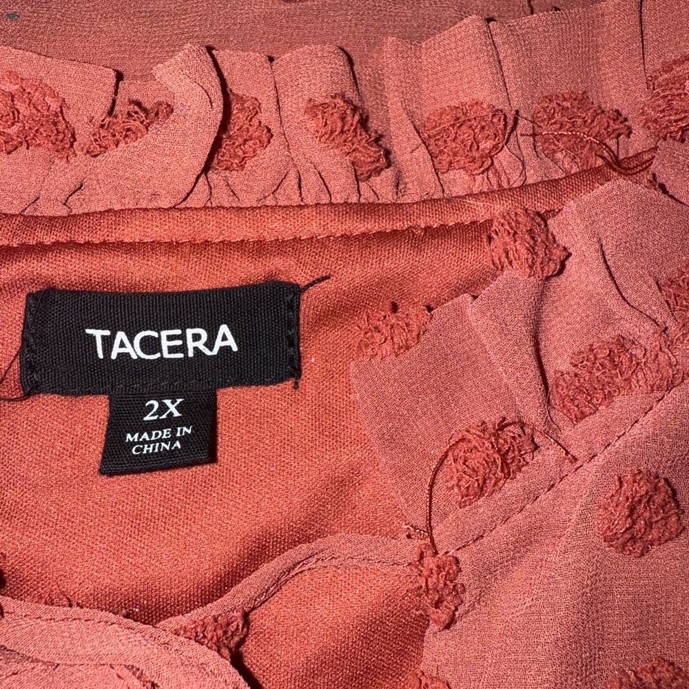 Tacera Swiss Dot Dress 2XL Boho Flowy Rust Coral Ruffle Sleeve Plus Size - Picture 8 of 8